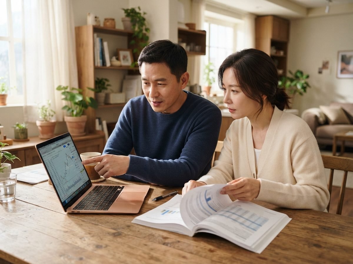 숨은 환급금 조회 40대 부부가 주방 식탁에 마주 앉아 노트북 화면을 함께 들여다보며 서류를 넘기는 모습, 아늑한 가정집 분위기, 낮 시간 자연광, 진지하고 집중된 표정, 실사 사진