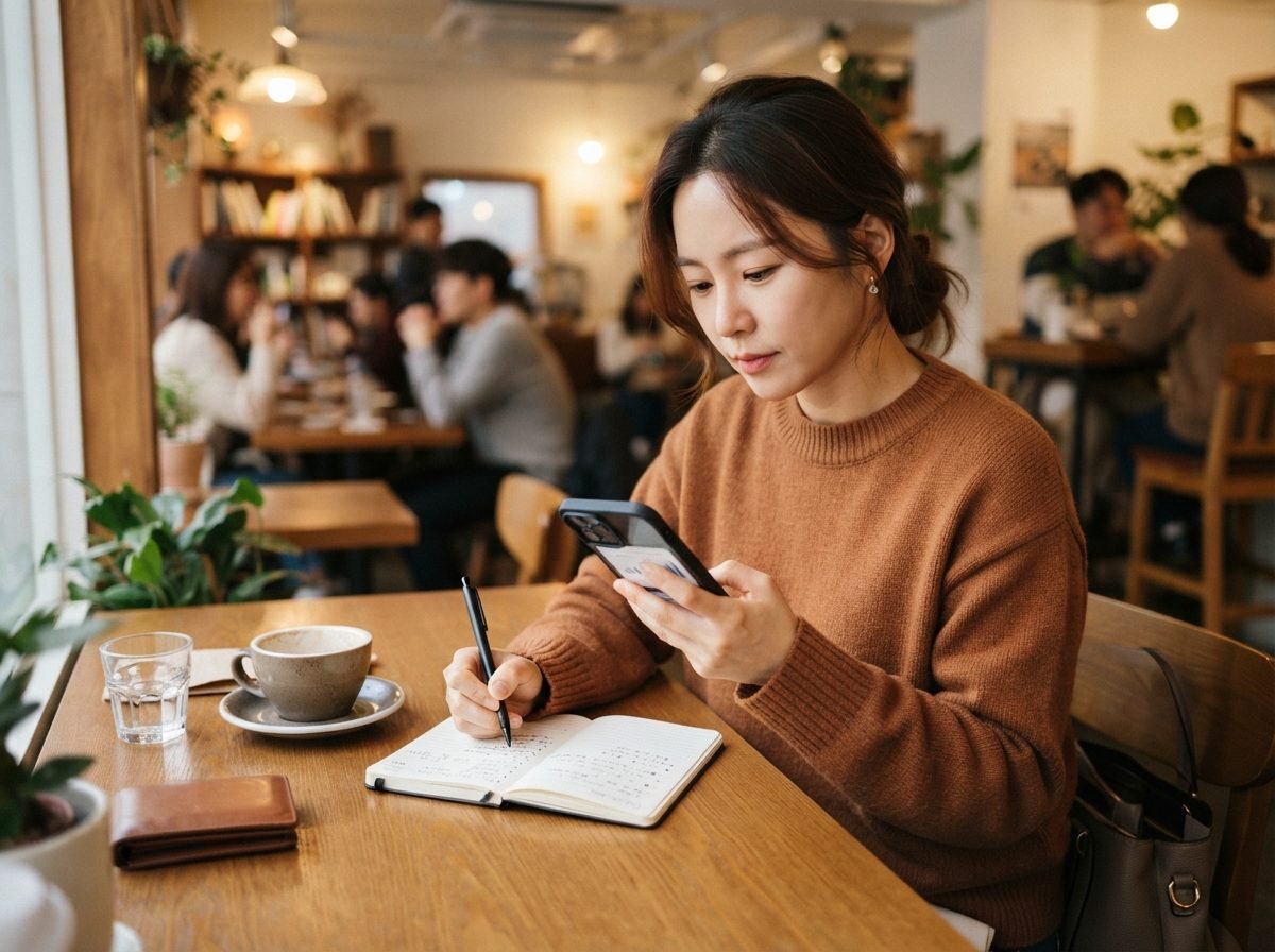 2026 국민취업지원제도 구직촉진수당 얼마 받는지 계산법 30대 여성 구직자가 카페에 앉아 스마트폰 화면을 보며 구직촉진수당 금액을 메모하는 장면, 테이블 위에 노트와 볼펜이 놓여 있고 따뜻한 카페 조명, 생각에 잠긴 표정, 실사 사진 분위기