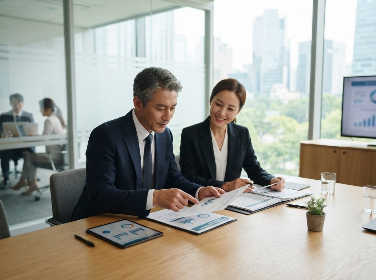 중장년 재취업 지원금 50대 신청자격 40대 후반~50대 남성 직장인이 사무실 회의실에서 HR 담당자와 퇴직 전 재취업 상담 서류를 검토하고 있는 장면, 창문으로 햇빛이 들어오는 밝고 차분한 분위기, 실사 사진