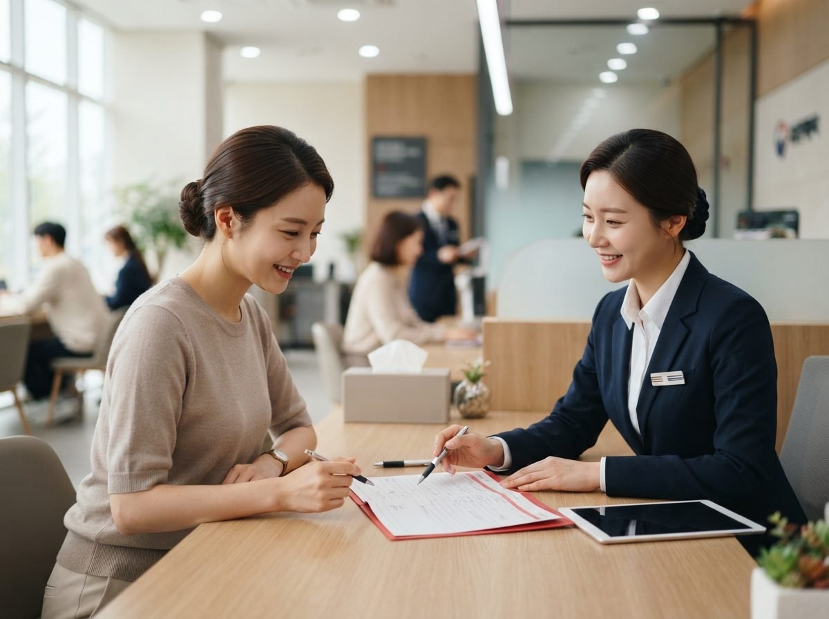 청년도약계좌 30대 초반 여성이 은행 창구에서 직원과 마주 앉아 적금 가입 서류를 함께 검토하는 모습, 밝은 실내 조명, 차분하고 신뢰감 있는 분위기, 실사 사진