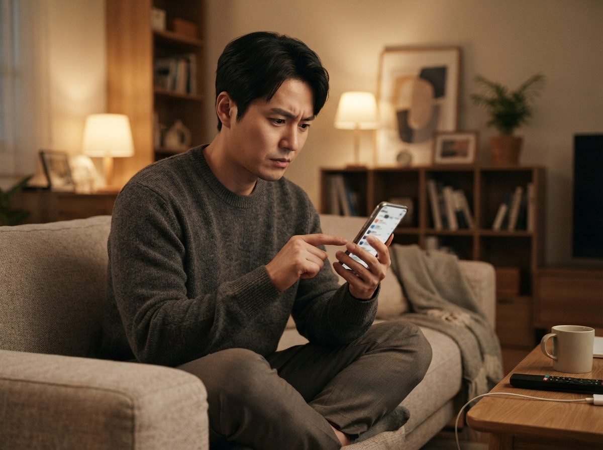 숨은 환급금 조회 30대 남성이 소파에 앉아 스마트폰 화면을 들여다보며 구독 서비스 목록을 하나씩 확인하는 모습, 거실 조명 아래 약간 진지한 표정, 생활감 있는 인테리어 배경, 실사 사진